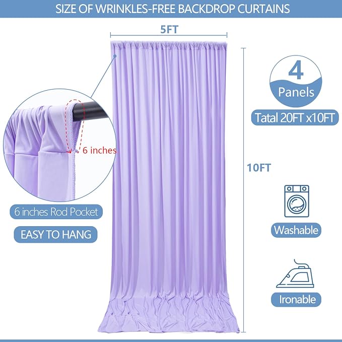 20x10ft Wrinkle Free Lavender Backdrop Curtain for Parties Soft Fabric Drapes Wedding Curtain Backdrop for Birthday Party Decorations Background for Photography 5x10ft,4 Panels - Image 3