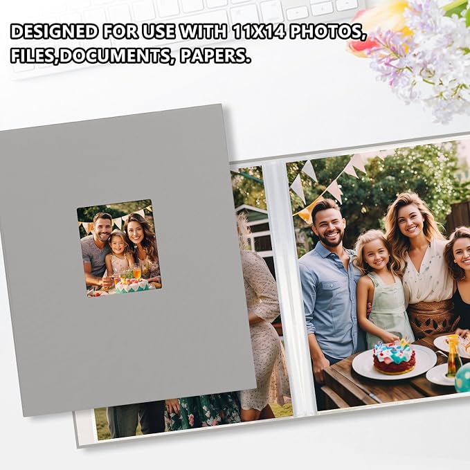 11x14 Photo Album Holds 64 Photos, Linen Cover Art Portfolio 11x14, Photo Album Art Portfolio Folder with Clear Plastic Sleeves for Kids & Artists Artwork Drawing(Grey) - Image 6
