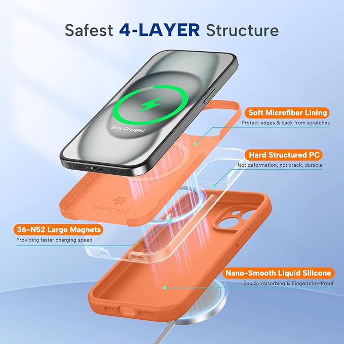 miracase Magnetic for iPhone 15 Case, [Soft Anti-Scratch Microfiber Lining], Compatible with MagSafe, Liquid Silicone Case Shockproof Drop Protection Phone Case for 15,Orange - Image 3