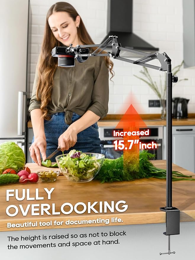 CACENCAN Overhead Camera Mount, 5lb Horizontal Load-Bearing, 360° Adjustable Stand for Desk, Flexible Arm Desk Mount, with Phone Clamp, Tabletop Mount for DSLR Camera/Webcam/Microphone（White - Image 2