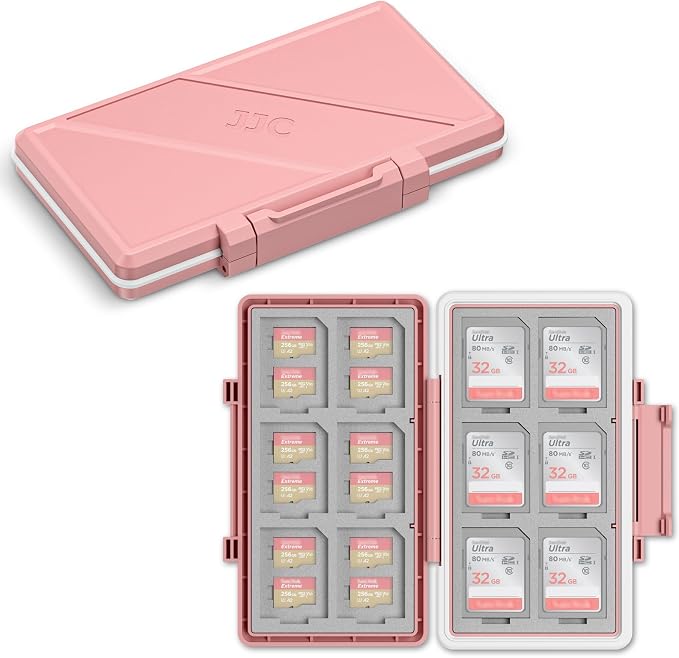 Pink Memory Card Case Micro SD TF SD Card Case Storage Holder Wallet Box | Compact Micro SD Card Holder Wallet for 24 Micro SD SDXC SDHC TF Cards and 12 SD SDXC SDHC Cards, Ergonomic Locking Systerm by JJC