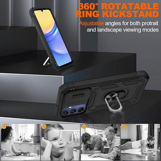 for Samsung Galaxy A15 5G Case with 2PCS Screen Protector, Build in 360° Rotating Ring Kickstand, Military Grade Protective Case for Samsung A15 Phone, Black - Image 7
