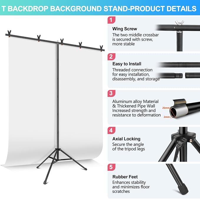 White Backdrop with Stand for Photoshoot, 5X6.5ft White Photo Backdrop with T Shape Background Backdrop Stand for Photography, Portable Photo Backdrop Curtain Stand Kit w Carrying Bag 5 Spring Clamps - Image 6