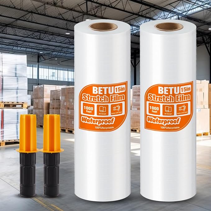 Stretch Film Shrink Wrap for Moving Supplies (15inch, 2 Pack) x 1000ft, Industrial Strength Plastic Wrap Stretch Roll for Pallet Wrapping Shipping Moving Boxes Storage Furniture with Handles, Clear by BETU