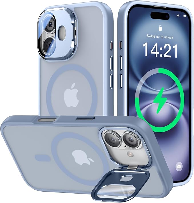 VOFATA [Upgraded] for iPhone 16 Case with Camera Cover Stand [Fit for MagSafe][9H Camera Lens Protector] Mil-Grade Protection Translucent Matte Silicone Magnetic iPhone 16 Phone Case, Light Blue by VOFATA
