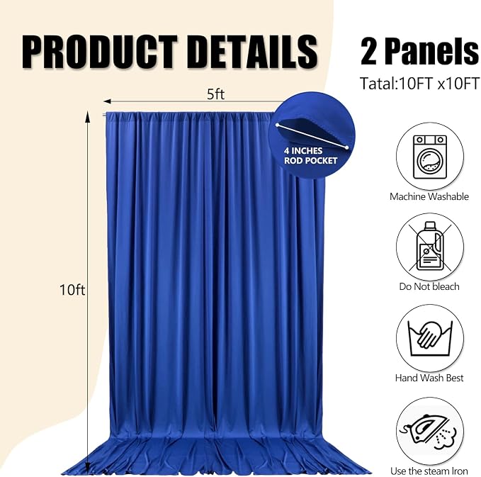 10ft x 10ft Deep Blue Backdrop Curtains for Parties, Polyester Fabric Backdrop Drapes with Rod Pockets for Weddings, Birthday, Photography, Mother's Day, Graduation Party Background Curtain, 2 Panels - Image 2
