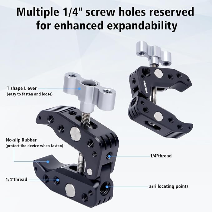 Universal Camera Clamp 10-60mm with 1/4"-3/8" Threads & Positioning Holes - Multi-Angle Adjustable Clamp for DSLR, Bike Handlebar, Desktop Streaming (Lightweight Aluminum Alloy) 62019 - Image 5