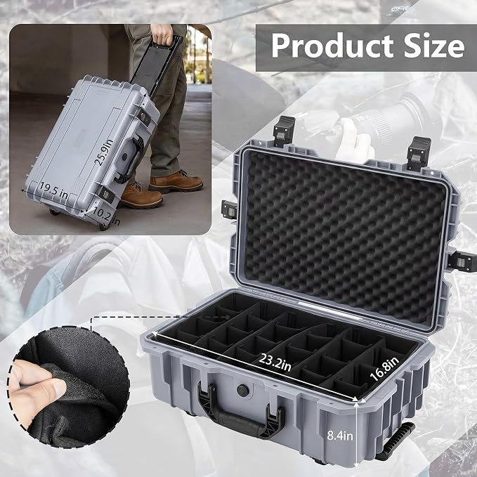 Relaxweex Rolling Camera Hard Case with 24 Padded Dividers & Wheels | Impact-resistant, Protective, Waterproof, Hard Shell Travel Case for Cameras, Lenses & Accessories, 26 x 20 x 10 Inch, Gray - Image 2