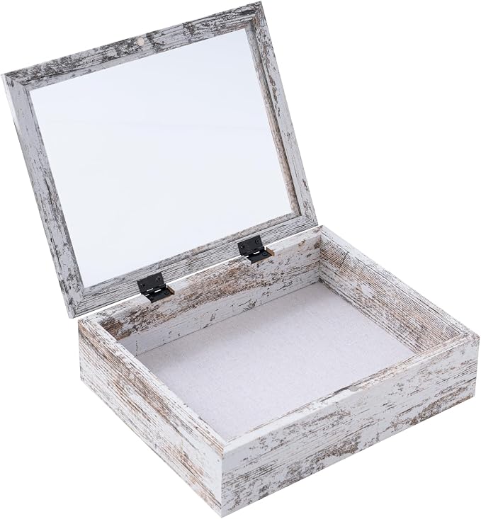 Muzilife 8x10 Shadow Box Picture Frame, 2.16 Deep, Real Glass, Rustic White | FSC-Wood, Magnetic Door, Linen Interior & Pins, Vertical, Horizontal Wall Hanging, Display Case Frame for Photos & Keepsakes - Image 8