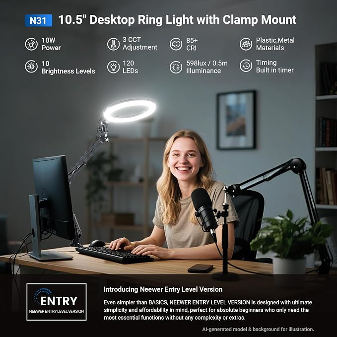NEEWER Entry Level Version 10.5" Overhead Desktop LED Ring Light, Clamp Stand for Desk/Remote/Phone Holder Compatible with iPhone, 10W Streaming Recording Selfie Laptop Video Conference Lighting, N31 - Image 3