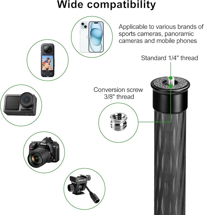 FANAUE Gimbal Extension Pole Carbon Fiber Extension Monopod Pole Stick with 1/4" Screw, 2 Section Universal Rod for Tripod Compatible with Digtital Camera Smartphone Long Selfie Tick Length is 14"-25" - Image 2