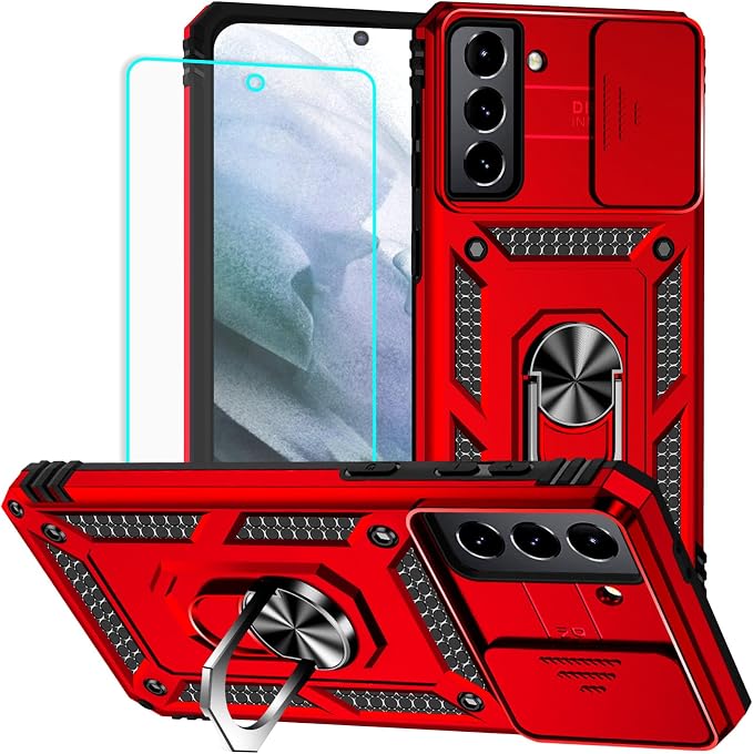 HNHYGETE for Galaxy S21 Case with Screen Protector: [Military Grade 20ft. Drop Tested] Ring Shockproof Protective Phone Case for - Samsung Galaxy S21 (Red) by HNHYGETE