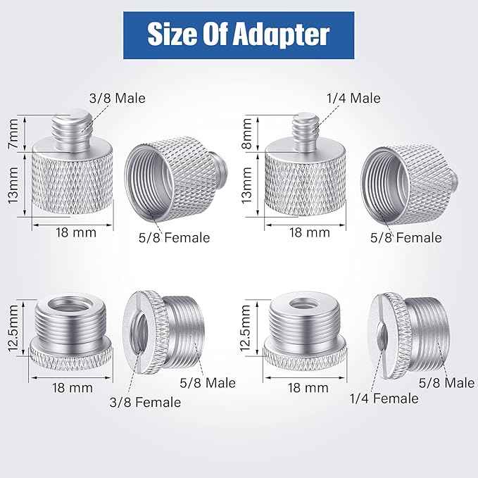 8 Pcs Mic Stand Adapter 5/8 Female to 3/8 Male 4 Types | Silver Mic Thread Adapter 8 Pcs, 5/8 3/8 1/4 Screw, Aluminum Alloy Knurled, Non Slip Grip, for Mic Stand and Boom Arm - Image 3