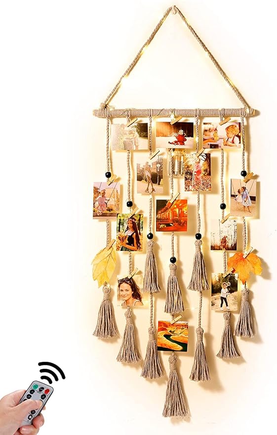 Homecor Hanging Photo Display Wall Decor, Gray Macrame Wall Hanging Boho Room Decor, Picture Frame Collage Board with Remote Light 30 Clips, Bedroom Home Decor, Christmas Mom Grandma Teen Girl Gifts by HOMECOR
