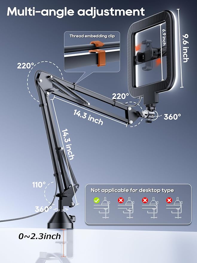 Upgrade Ring Light Overhead Phone Mount, LED Desk Ring Light with Clamp for Video Recording,Flexible Articulating Phone Arm Stand Compatible with iPhone,Live Streaming YouTube Tiktok - Image 6