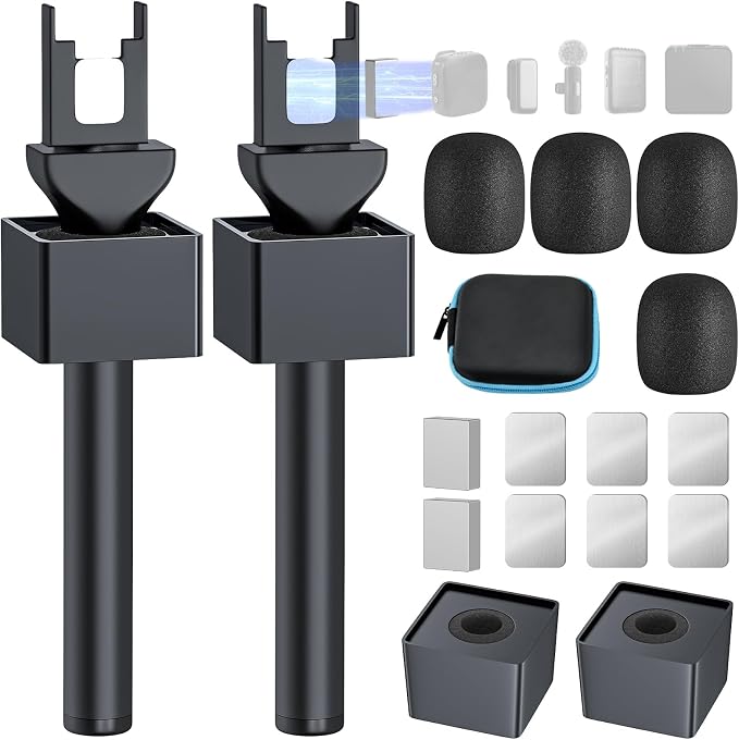 Handheld Adaptor for Interview Mic, 2 Packs Wireless Mic holders for DJI/Rode/Hollyland Lark Lavalier, Universal Magnetic Microfono Stand with Foam Windshield & Flag Station for Interview/Vlogging by GAHOGA
