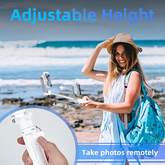 MQOUNY for Magsafe Tripod Stand for iPhone,Portable Pocket Size Selfie Stick with Rechargeable Remote and Metal Ring,Extendable Detachable Cell Phone Tripod Compatible with iPhone/Android (White) - Image 6