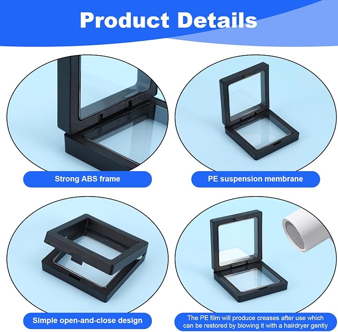 60Pcs 3D Floating Display Case Jewelry Storage Box Coin Frame Holder | Stands for Antique Challenge Coins, Medallion Shells Gems Rocks Pins (Black,3.5 Inch) - Image 5
