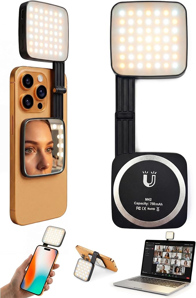 LOUERN Magnetic Dual-Sided Selfie Light Compatible with MagSafe iPhone, 42LEDs per Side, CRI95+ Rechargeable Portable & Foldable Phone Light with Mirror for TikTok, Vlogging, Zoom Calls, Photography by Louern