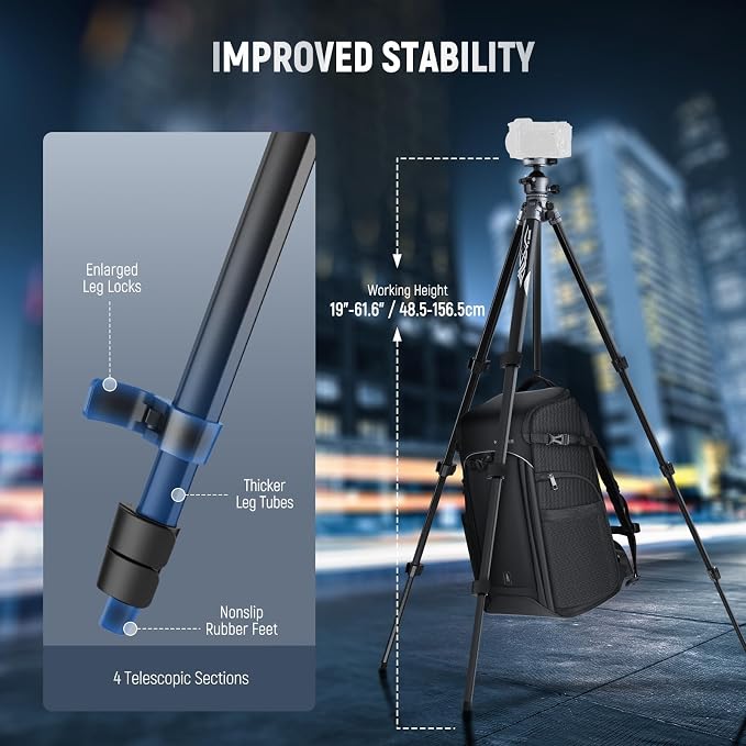 NEEWER LITETRIP LT07 61" Aluminum Travel Tripod for Camera | Pan Tilt Low Profile Ball Head, Arca QR Plate Compatible with PD Tripod Plate, Dual Center Axis, Phone Holder, Max Load 22lb - Image 3