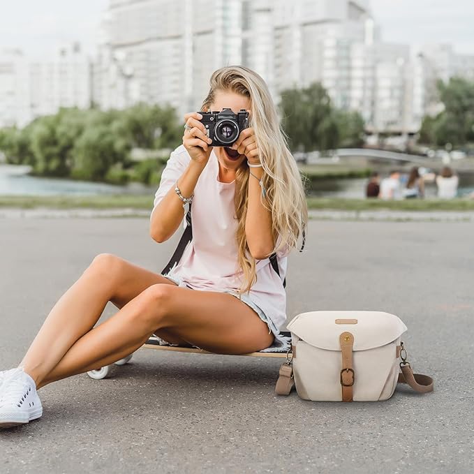 BAGSMART Canvas Crossbody Camera Bag with Rain Cover Women Men, Ivory White | SLR DSLR Camera Case, Compact Camera Shoulder Bag - Image 6