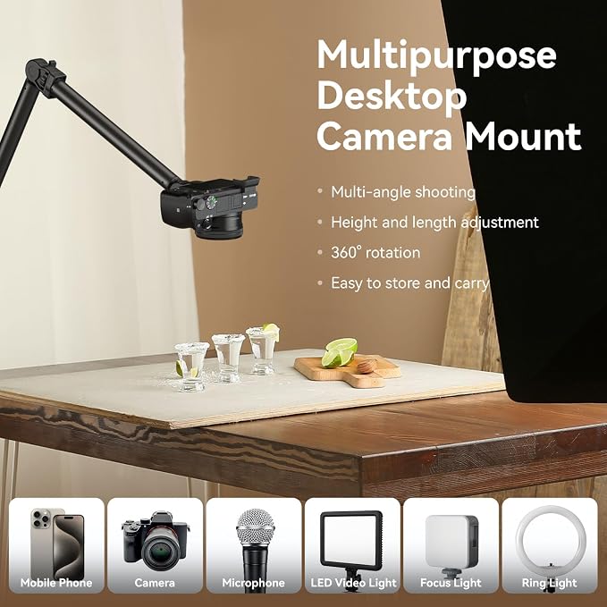 SMALLRIG Overhead Camera Mount, Camera Desk Mount Stand with Flexible Arm | 360° Rotatable Ball Head, DSLR Boom Arm Tabletop C Clamp for Photography Videography Live Stream - 4456 - Image 4