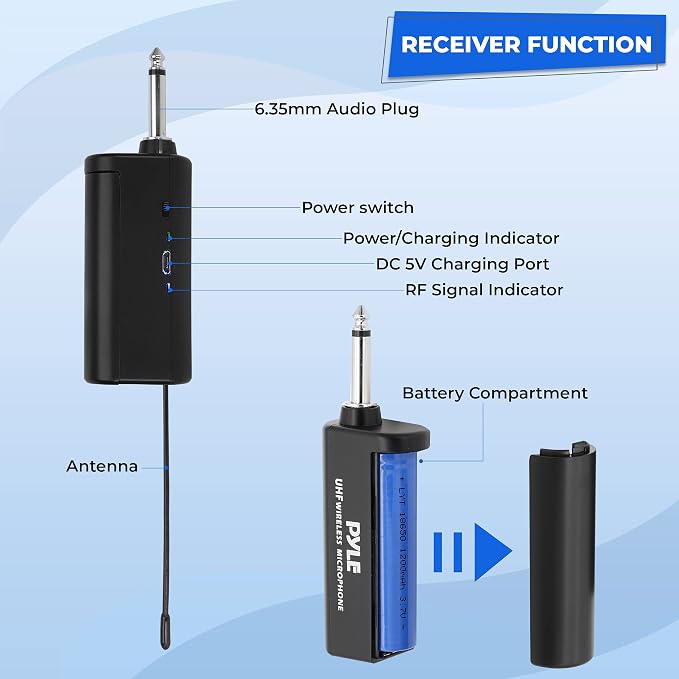 Pyle Dual UHF Microphone System - Portable Professional Cordless Microphone Set Wireless Mic Kit w/Headset / Lavalier Mic, Beltpack Transmitter, Receiver - Karaoke & Conference - Pyle PDWMU211,Black - Image 2