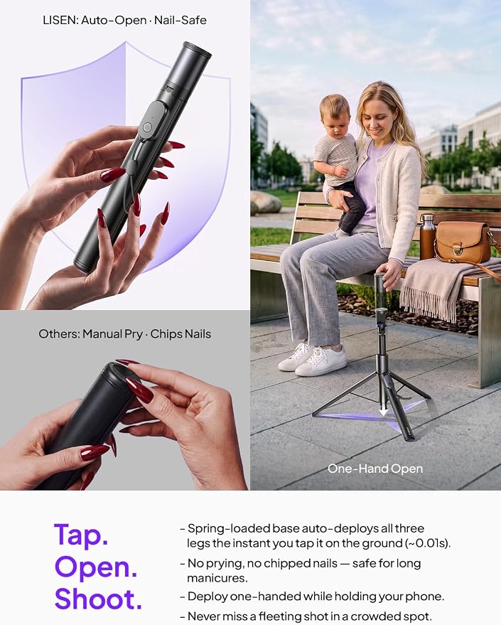 LISEN 67" Selfie Stick Tripod with Remote for Content Creators | Content creator essentials: 67" phone tripod with remote for iPhone & Android, 0.01s auto-open vlog/live stream/video kit - Image 3