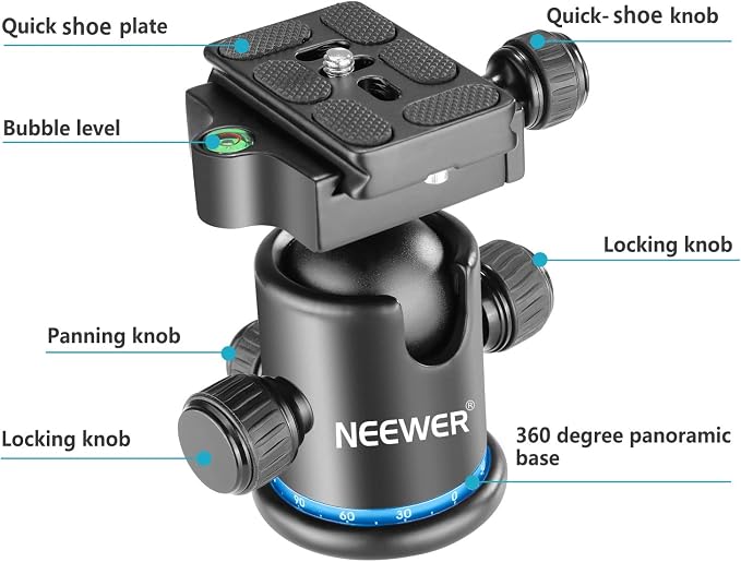 NEEWER 36MM Tripod Ball Head 360° Panoramic Metal with Arca Type Plate | Quick Release Plate, 1/4" Screw, 3/8" Thread, Max Load 17.6lb/8kg, Mount for Monopod, Slider, DSLR Camera, Camcorder (Blue) - Image 4