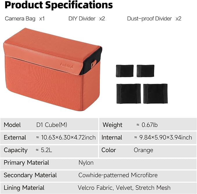 AMBITFUL D1 Cube Camera Insert, Medium/Large Padded Organizer with Dividers for Mirrorless DSLR, Black/Apricot (Orange, M (5.2L)) - Image 9