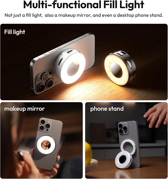 Ulanzi ML05 Magnetic Phone Light, Bi-Color 9000K CRI≥97 Selfie Video Light | Beauty Ring Fill Lights, 360° Flexible Rotation, Built-in Wide-Angle Mirror, Can be a Mini Desktop Stand for iPhone/Android - Image 5