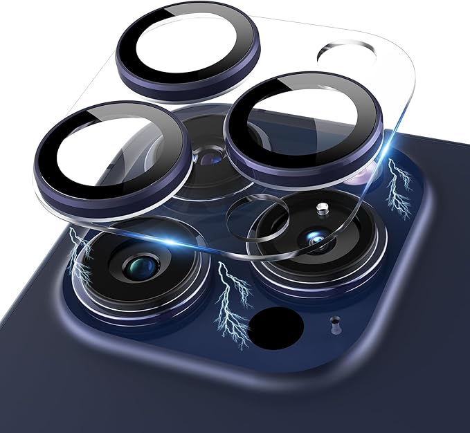 Compatible for iPhone 15 Pro/iPhone 15 Pro Max Camera Lens Protector, Clear Acrylic Plus Aluminium Alloy Ring 9H Tempered Glass Screen Camera Cover, Blue by KANOSAN