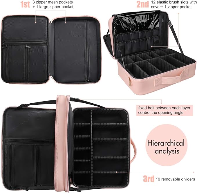Relavel Travel Makeup Train Case Cosmetic Case Organizer Portable Artist Storage Bag with Adjustable Dividers for Cosmetics Makeup Brushes Toiletry Jewelry Digital Accessories - Image 2