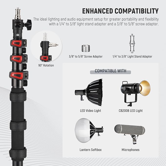 NEEWER 7.5ft/230cm Handheld Light Stand, Portable Telescopic Aluminum Photography Lighting Stand with 1/4" 3/8" 5/8" Screw/Flip Lock/Shoulder Strap for Strobe Light Flash, Max. Load 11LB/5KG, MS-230C | Handheld Light Stand, 1/4" 3/8" 5/8" Screw, Flip L... - Image 5