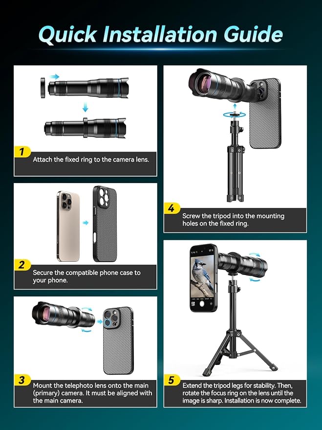 APEXEL 36x Telephoto Lens Compatible with iPhone 16 Pro Max | Photography for Travel, Birdwatching, Exploration | Kit with Sturdy Metal Tripod and Threaded Phone Case - Image 6