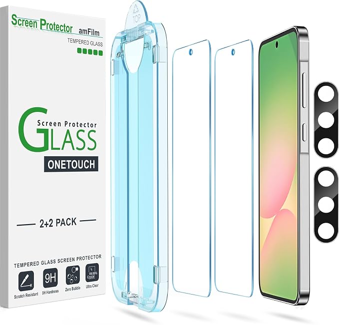 amFilm OneTouch for Samsung Galaxy A56 Screen Protector Tempered Glass | Auto-Alignment, 30s Install, Bubble Free, Scratch & Drop Protection, HD Clear, Camera Lens Protector, 2+2 Pack (A56-6.7'') by amFilm
