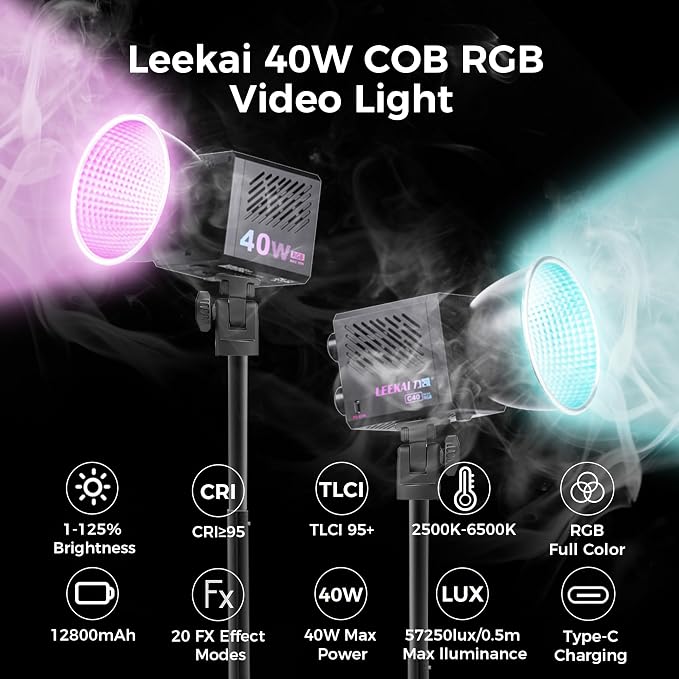 40W RGB Video Light, Rechargeable COB Continuous Output Lighting | LEEKAI C40 Handheld Spotlight 1-125% Brightness CRI≥95 2500K-6500K 12800mAh for Video Vlog Live Streaming Photography - Image 2