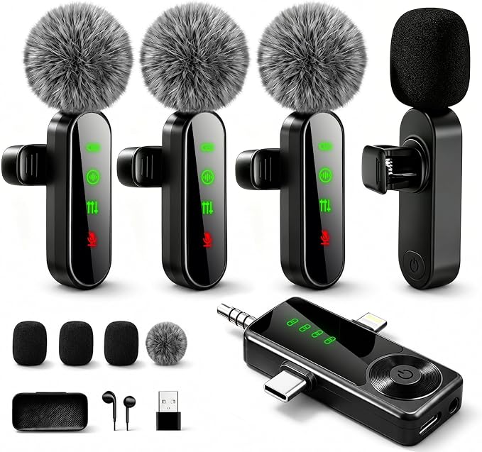 4 Packs Wireless Lavalier Microphone for iPhone Android Camera | Mini Clip-On Mic with Noise Reduction for 4-Person Video Recording, Interviews, Podcasts, YouTube, TikTok & Vlogging (Black) by Giconino