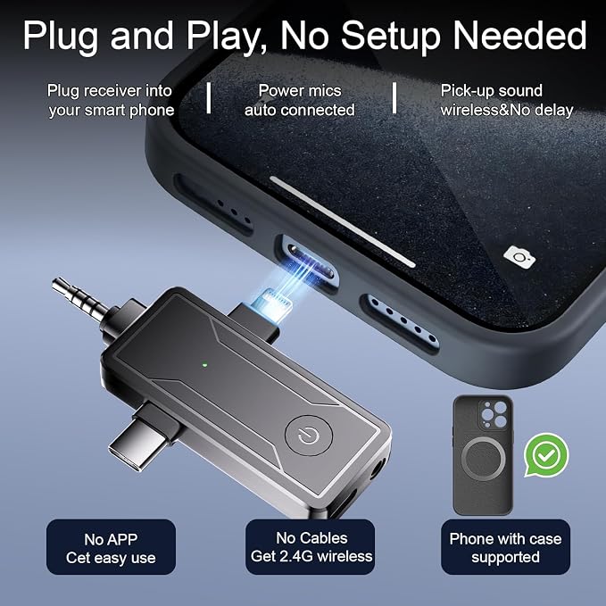 2-Pack Wireless Mini Lavalier Lapel Microphone for iPhone,Android Device(3 in 1) - 65ft Cordless Clip on Dual Mics with Noise Reduction 6H Working Time for Video Recording Vlogging, YouTube, Interview - Image 3