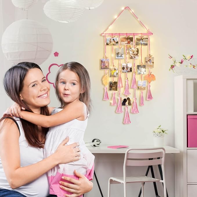 Hanging Photo Display Wall Decor, Pink Macrame Wall Hanging Boho Room Bedroom Decor, Picture Frame Collage with Remote Light & 30 Clips, Christmas Teenage Teen Girl Gifts Ages 10 11 12 13 14 Years Old - Image 4