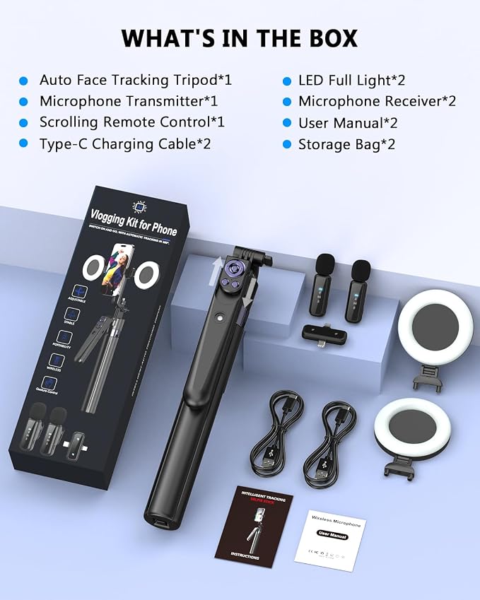 Vlogging Kit for iPhone/Android, 63”Auto Face Tracking Tripod for iPhone with Light, Wireless Microphones, Scrolling Remote Control for TikTok, Content Creator Kit for YouTube Starter - Image 8