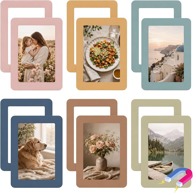 12 Pack Boho Magnetic Picture Frames 4x6 - Earthy Neutral Tones Minimalist Magnet Photo Borders for Refrigerator, Locker, Classroom & Office Decor - Open Face Aesthetic Home Accessories by Mindoub