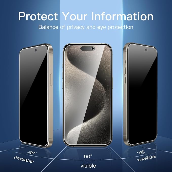 NEW'C 3x Privacy for iPhone 15 Pro Screen Protector (6.1 inches)+ 3x Camera Lens Protector, Sensor Protection, Case Friendly Tempered Glass Film + Dust Plug - Easy installation tool included - Image 3