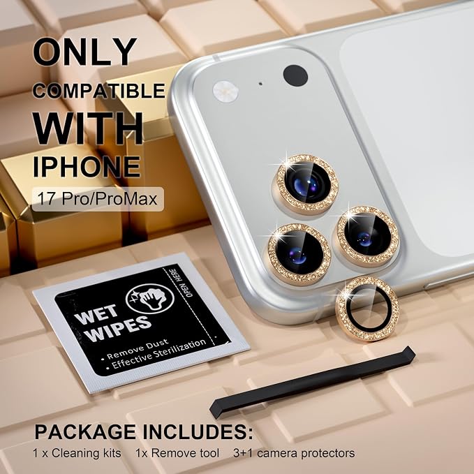 Misea Compatible for iPhone 17 Pro/iPhone 17 Pro Max Camera Lens Protector | 9H Tempered Glass Ultra HD Bling Camera Screen Protector Cover Metal Individual Ring Decoration Accessories, Gold Glitter - Image 2
