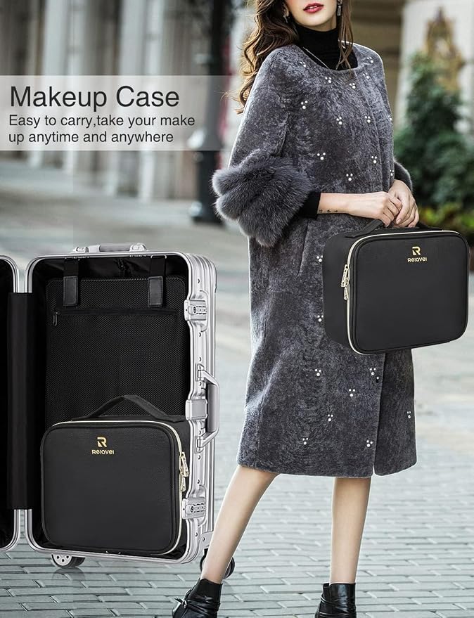 Relavel Travel Makeup Train Case Makeup Cosmetic Case Organizer Portable Artist Storage Bag with Adjustable Dividers for Cosmetics Makeup Brushes Toiletry, Black with Gold Zipper - Image 5