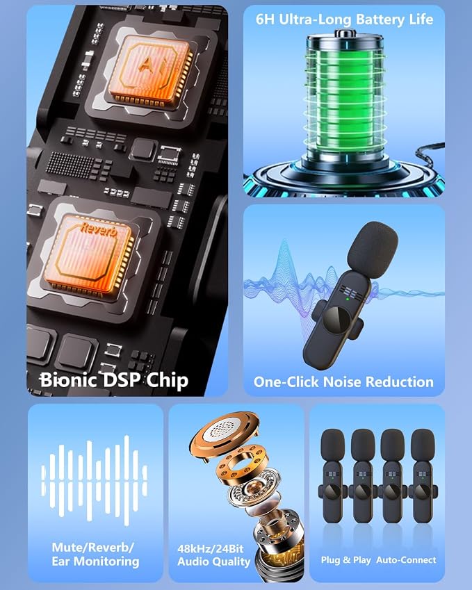 4 Mini Microphone Wireless Microphones Systems for iPhone Android Phone Pad Computer, Pro Clip On Small Lavalier Lapel Mics Tiny for Content Creators Video Recording Vlogging, 48KHz 24Bit - Image 5