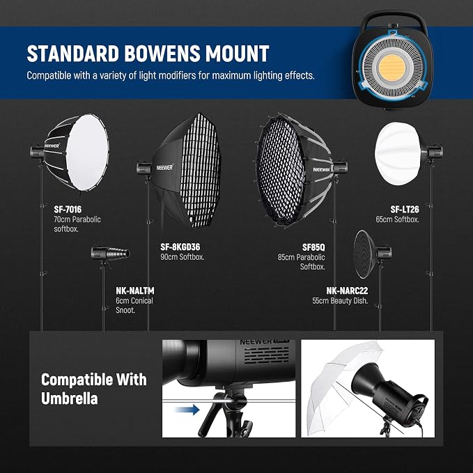 NEEWER 80W LED Video Light, 2.4G&APP Control, Bi Color 2700K-6500K 34000Lux/1m, CRI97+/12 Scenes/Bowens COB Continuous Output Lighting for Studio Photos Photograpny Video Recording Streaming, CB60B | 2700K-6500K, 34000Lux/1m, CCT, CRI97+, 12 Scenes, Bo... - Image 7