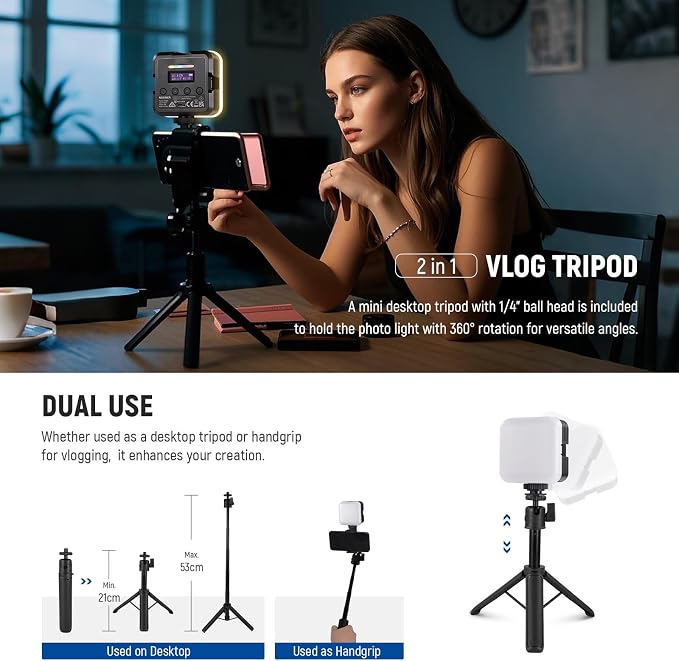 NEEWER Magnetic RGB Camera Video Light with Desk Tripod Stand & 3 Cold Shoes, Upgraded APP Control, CRI97+ 2500-8500K 2000mAh Rechargeable Photography Recording Small LED Panel Lighting, RGB62 - Image 5