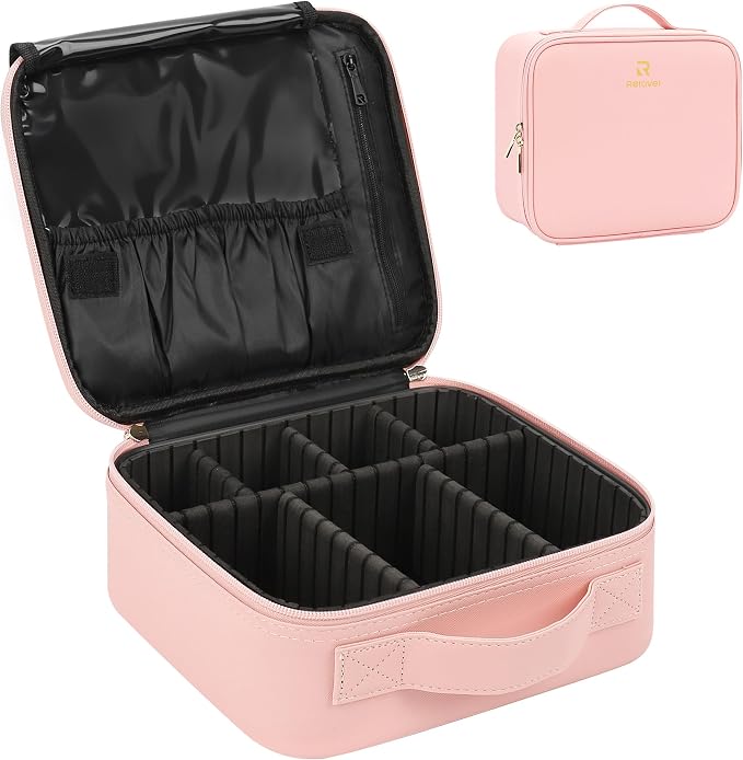 Relavel Travel Makeup Train Case Cosmetic Case Organizer Portable Artist Storage Bag with Adjustable Dividers for Cosmetics Makeup Brushes Toiletry Jewelry Digital Accessories (Pink) by Relavel