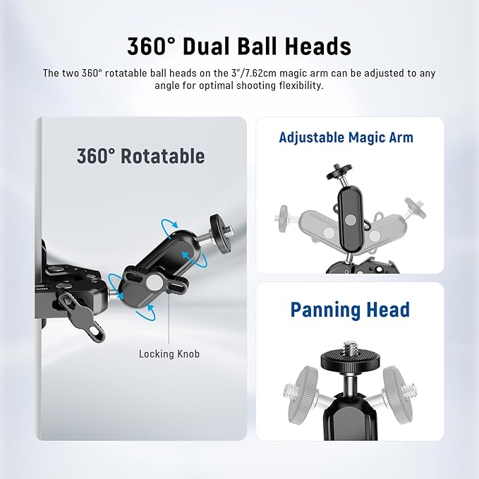 NEEWER Super Clamp with 3" Dual Ballhead Magic Arm Camera Phone Mount, ST88 | With 1/4" and 3/8" Threads, Cold Shoe, Phone Holder, Action Camera Adapter, Compatible with GoPro DJI iPhone 16 15 Pro Max - Image 4